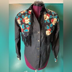 Circle T By Marilyn Lennox Black Western Rodeo Cowgirl Shirt Floral and Fringe